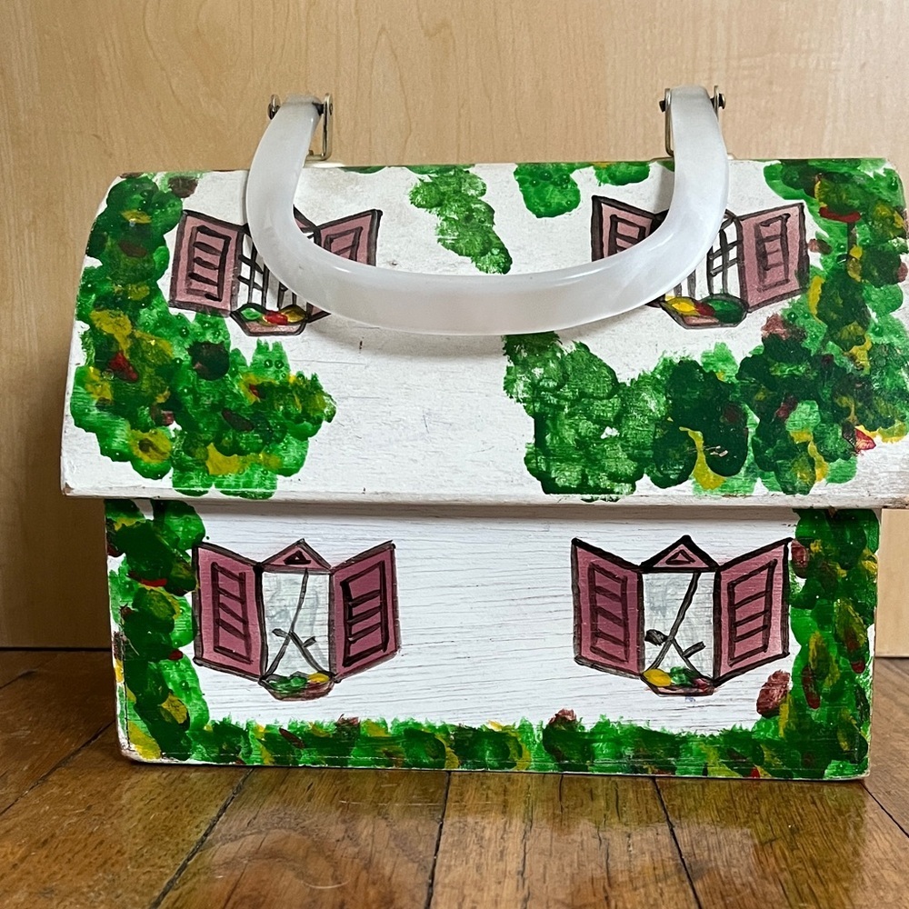 RARE Vintage Hand-Painted Wood Satchel Purse Handbag with House Design - Picture 5 of 15